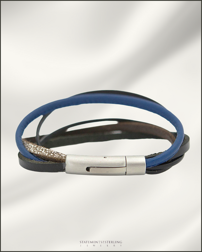 Rimanchik XYZ Leather and Stainless Steel Bracelet in Blue Leather
