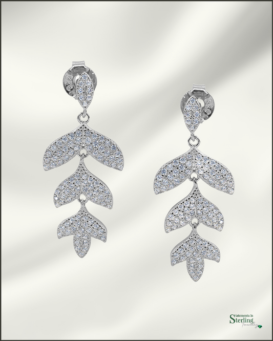 Sterling Silver Cubic Zirconia Leaf Drop Earrings in Rhodium