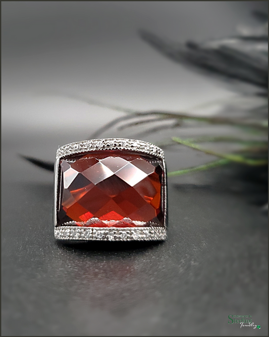 Red Quartz, White Topaz and Sterling Silver Art Deco Ring