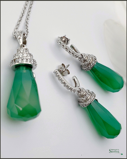 Vintage Sterling Silver Emerald Inspired Earrings and Necklace Set