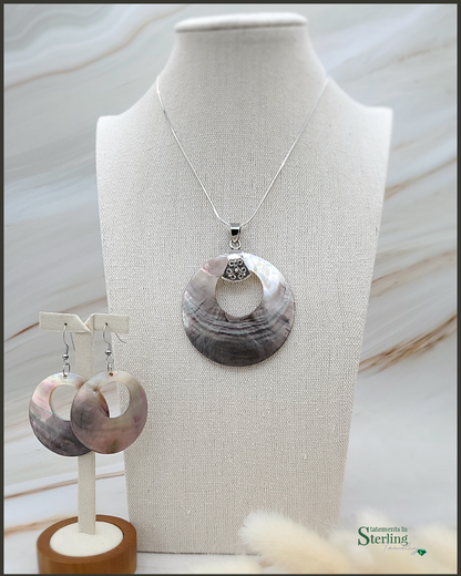 Natural Mother of Pearl and Sterling Silver Scroll Pendant and Earrings Set