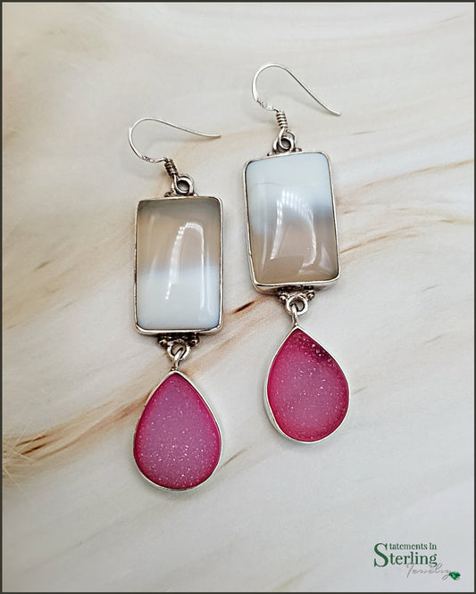 Pink Druzy, Agate and Sterling Silver Earrings