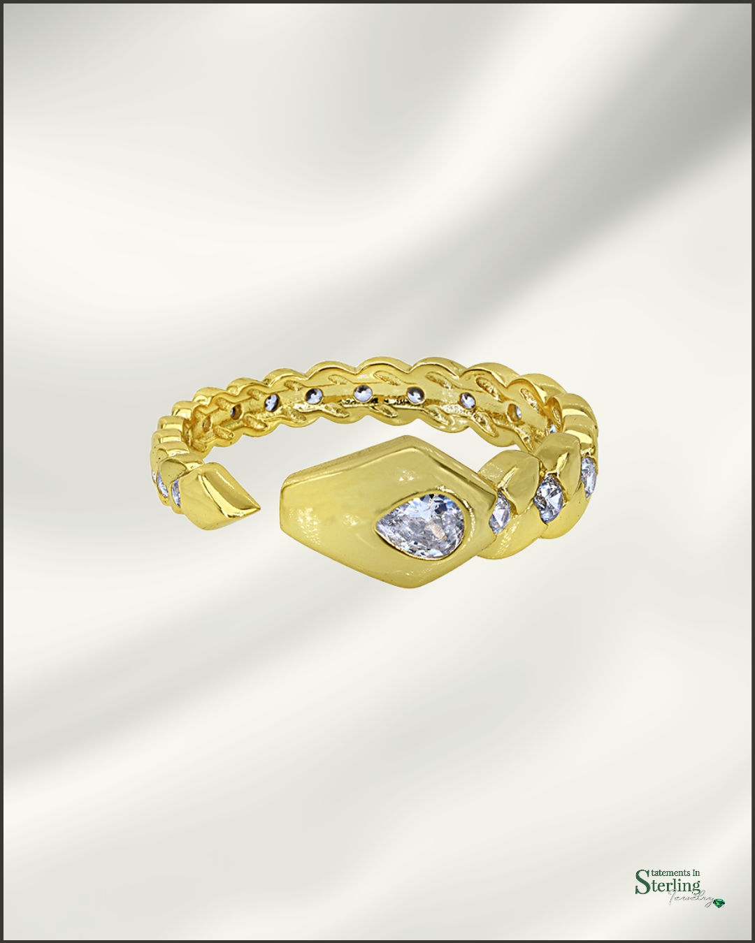 Sterling Silver Art Deco Serpent Ring with Cubic Zirconia in Gold