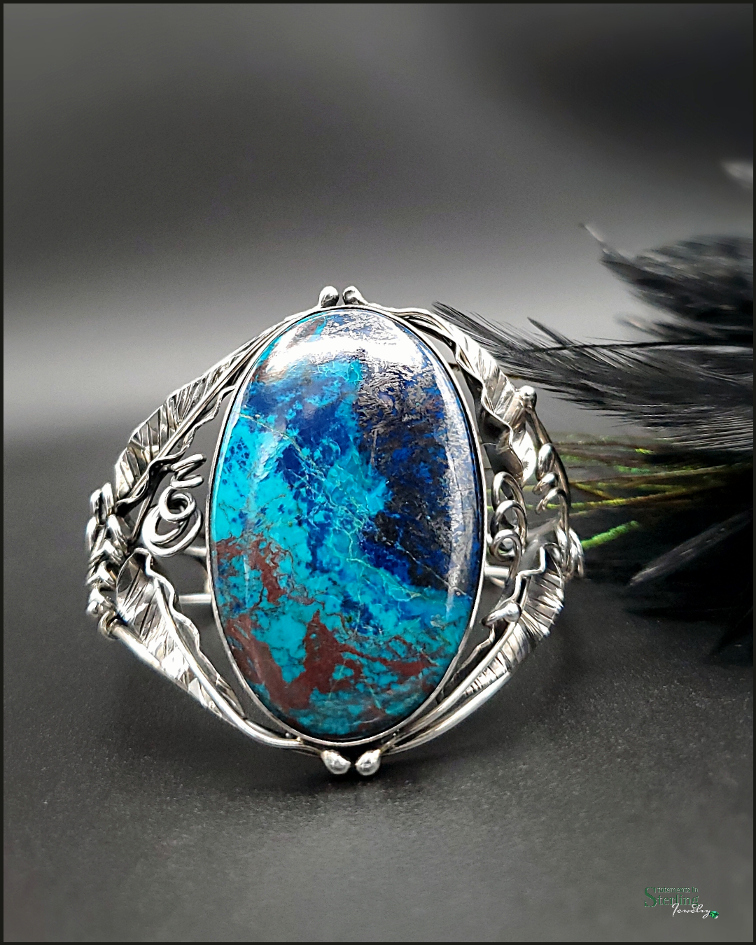 Parrot's Wing Chrysocolla and Sterling Silver Leaves Bangle Bracelet