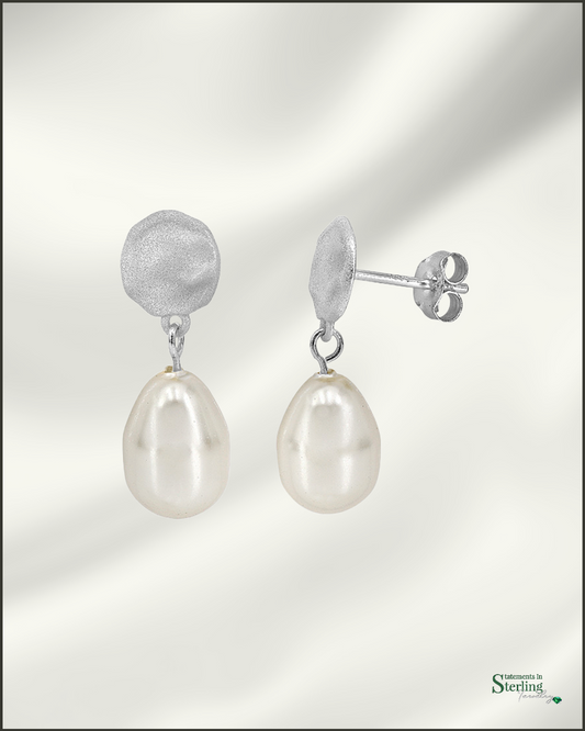 Sterling Silver Pearl Earrings in Hammered Rhodium