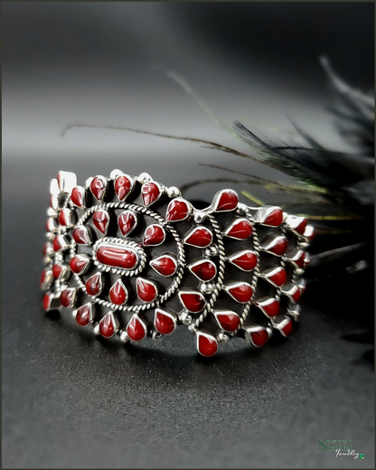 Red Jasper and Sterling Silver Teardrop Cluster Cuff Bracelet