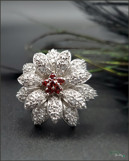 White Topaz, Garnet and Sterling Silver Flower Ring