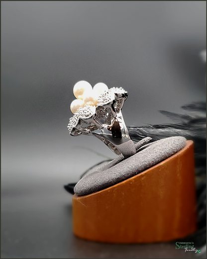 Pearl, White Topaz and Sterling Silver Forever Flower Ring