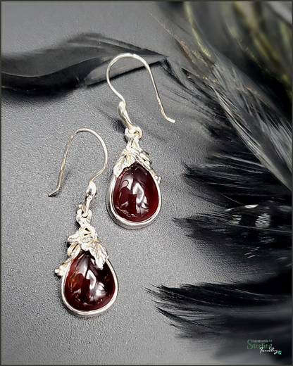 Garnet and Sterling Silver Leaves Drop Earrings