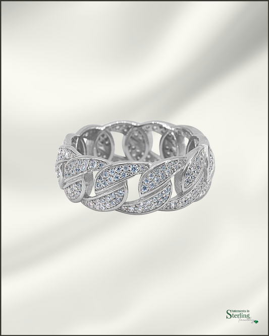 Sterling Silver Men's Curb Link Ring with Cubic Zirconia in Rhodium