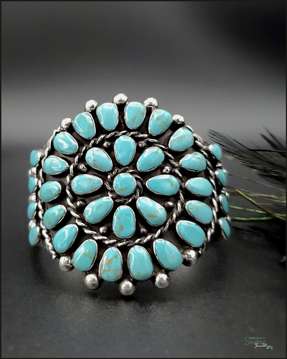 Turquoise and Sterling Silver Flower Cluster Cuff Bracelet