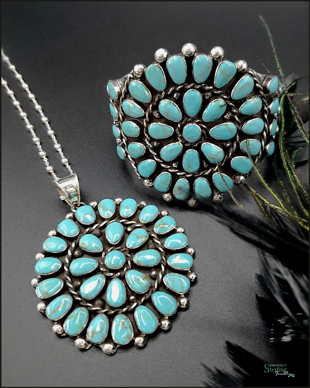 Turquoise and Sterling Silver Flower Cluster Pendant