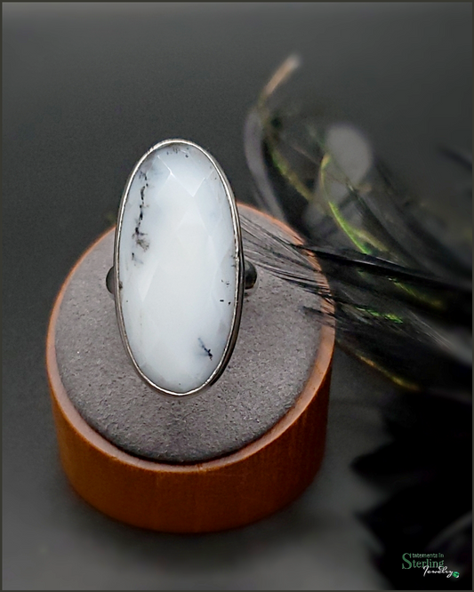 Winter Dendritic Agate and Sterling Silver Faceted Ring