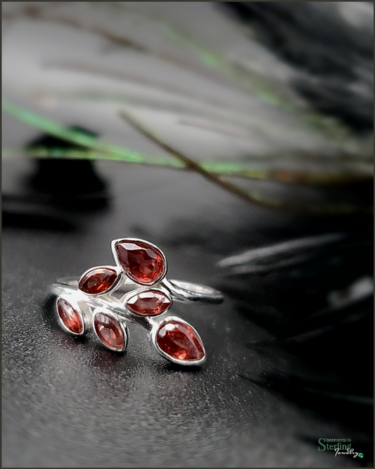 Gemstone and Sterling Silver Leaves Ring in Garnet