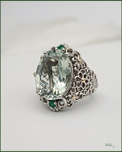 Vintage Prasiolite, Zambian Emerald and Sterling Silver Victorian Ring