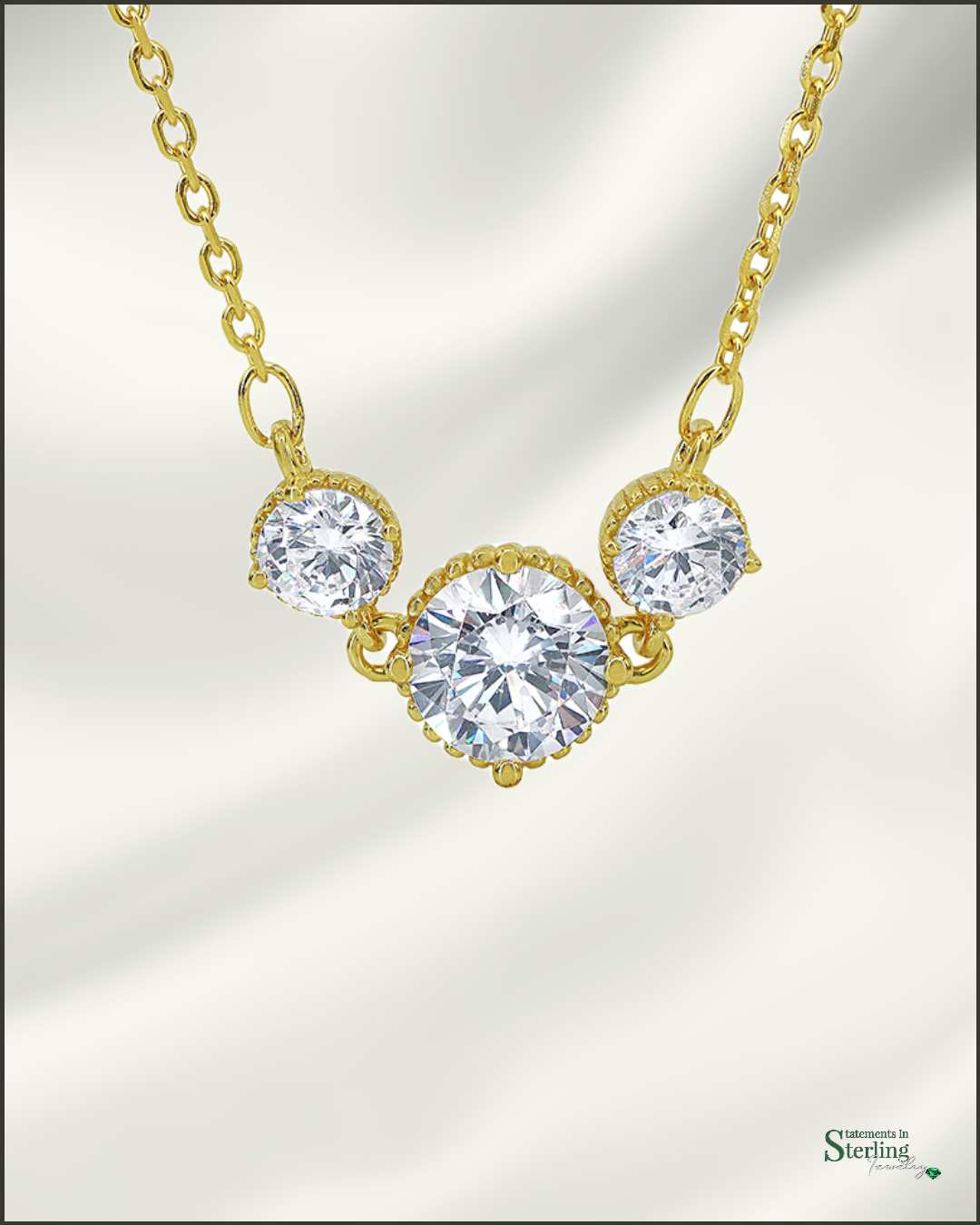 Sterling Silver Triple Threat Necklace with Cubic Zirconia in Gold