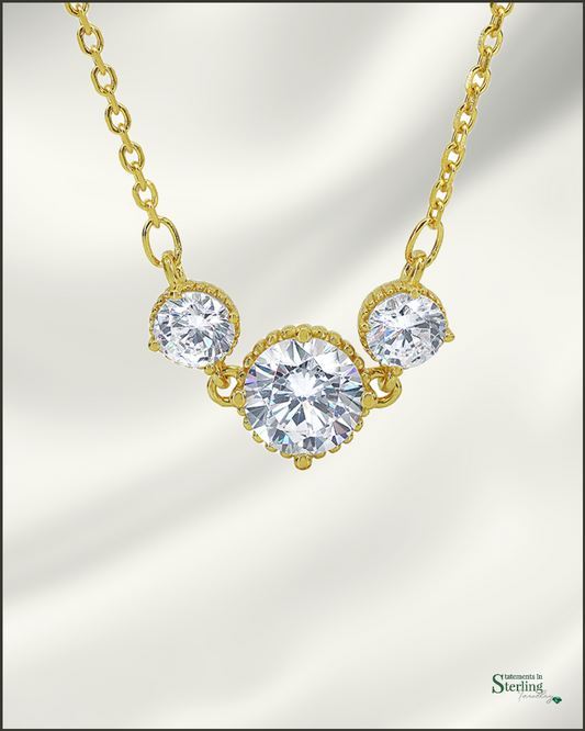 Sterling Silver Triple Threat Necklace with Cubic Zirconia in Gold