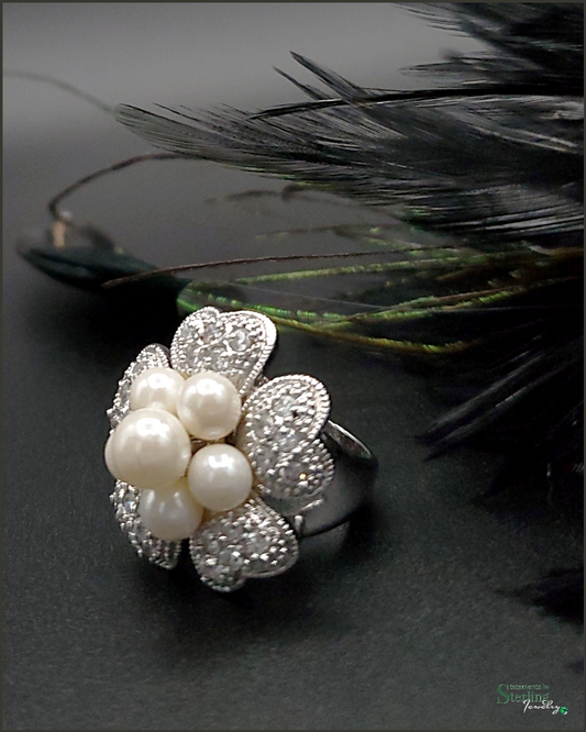 Pearl, White Topaz and Sterling Silver Forever Flower Ring