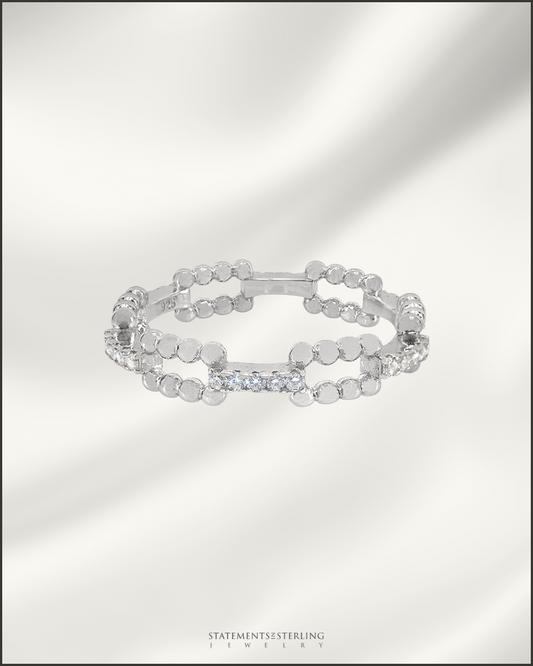 Sterling Silver Bead Ring Band with Cubic Zirconia in Rhodium