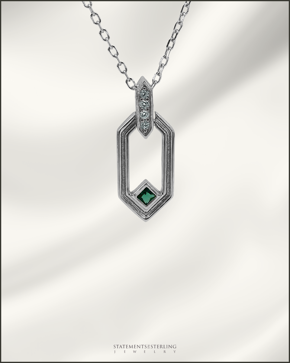 Sterling Silver Art Deco Necklace with Green Cubic Zirconia