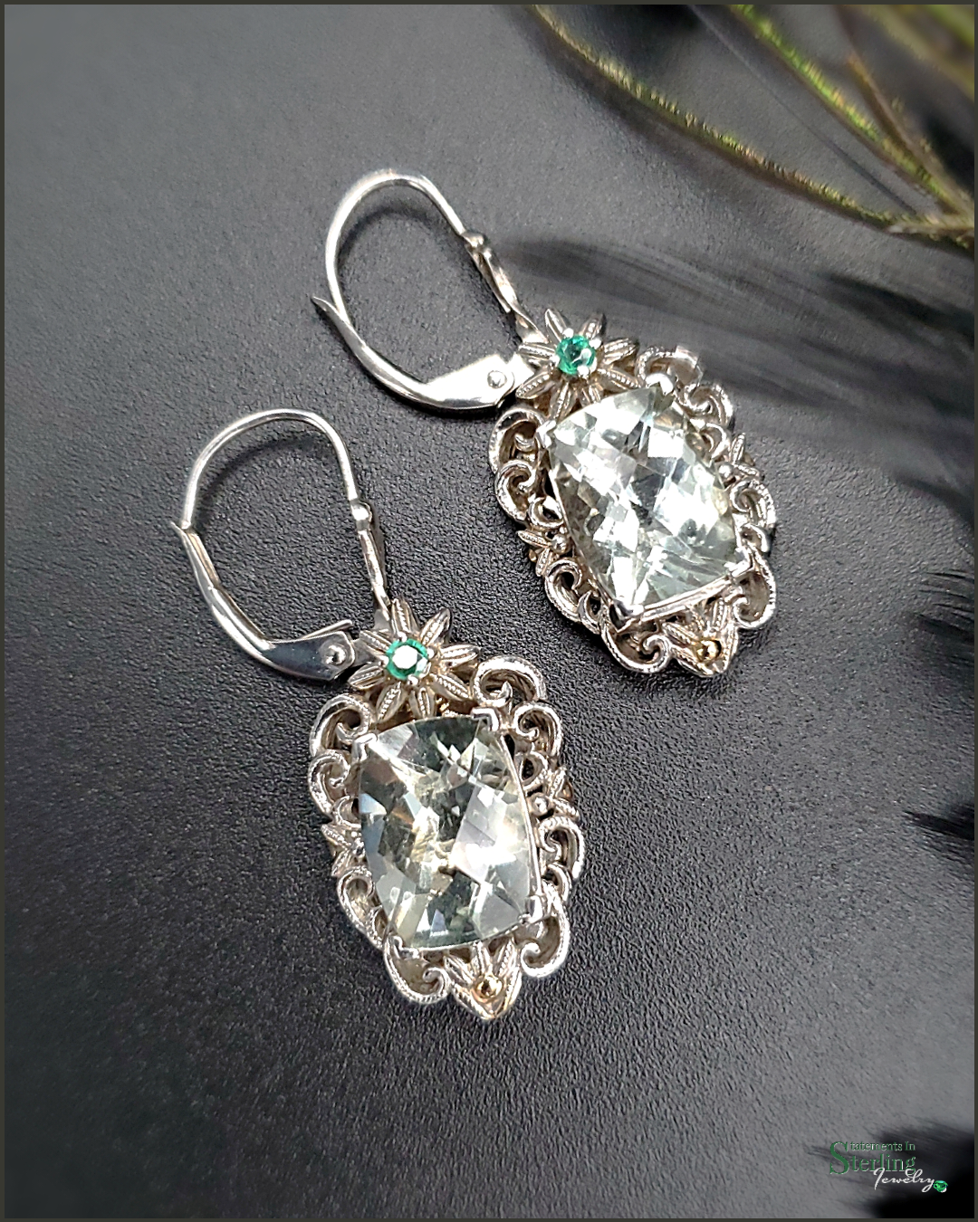 Vintage Prasiolite, Zambian Emerald and Sterling Silver Victorian Earrings