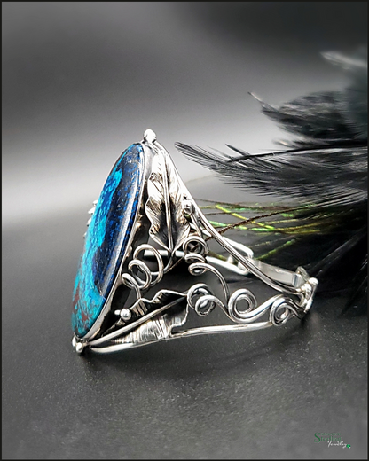 Parrot's Wing Chrysocolla and Sterling Silver Leaves Bangle Bracelet