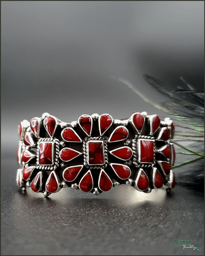 Red Jasper and Sterling Silver Teardrop Cluster Cuff Bracelet