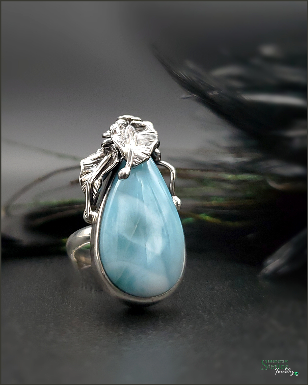 Caribbean Larimar and Sterling Silver Leaves Ring