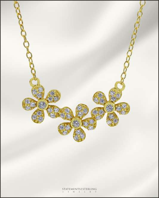 Sterling Silver Cubic Zirconia Flower Necklace in Gold