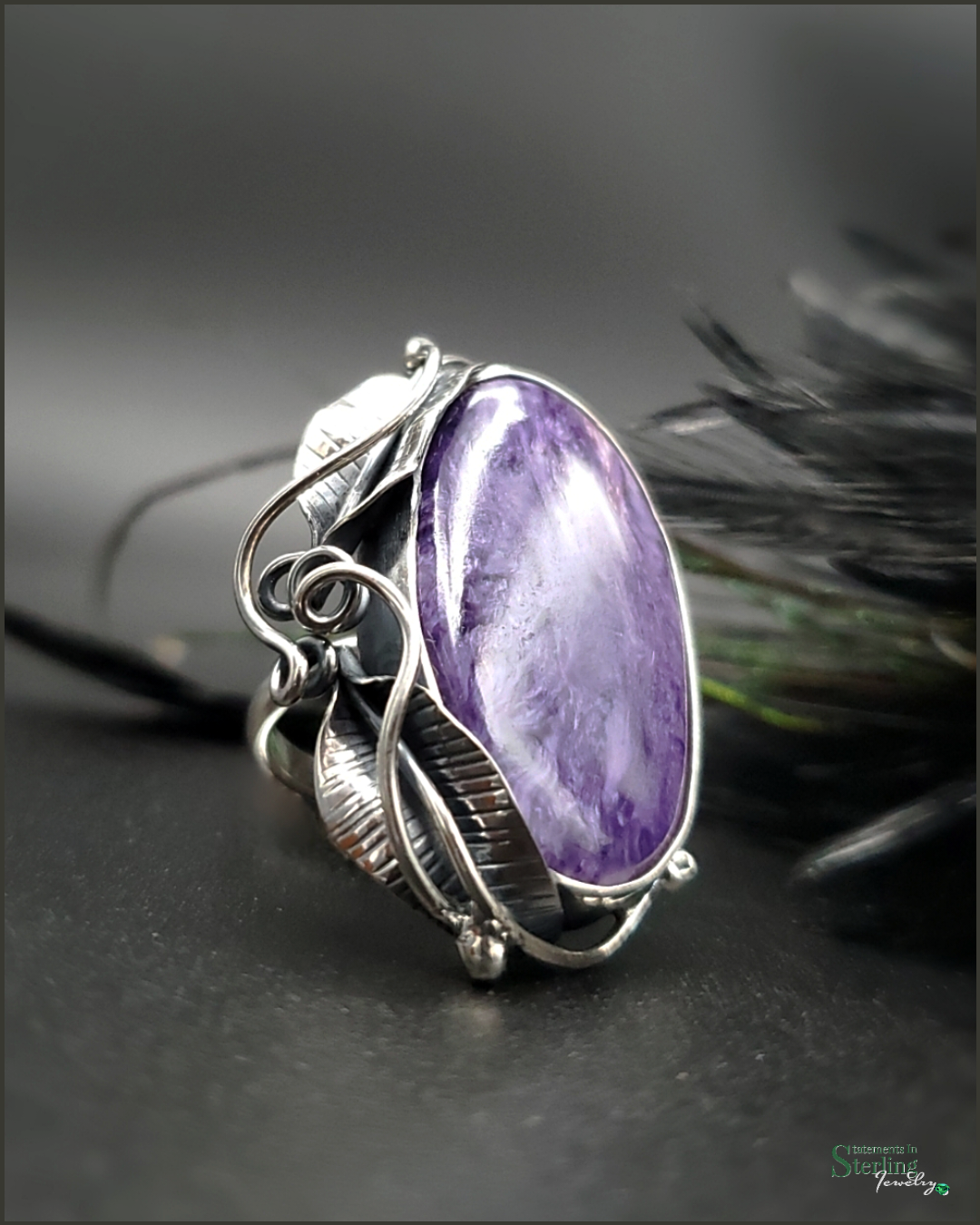 Siberian Charoite and Sterling Silver Leaves Adjustable Ring