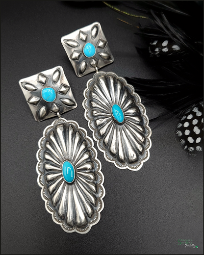 Sleeping Beauty Turquoise and Sterling Silver Oversize Concho Earrings by Rita Lee