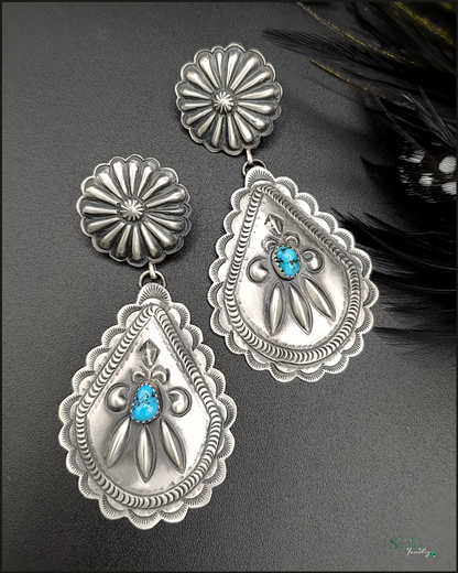 Kingman Turquoise and Sterling Silver Concho Earrings by Eugene Charley