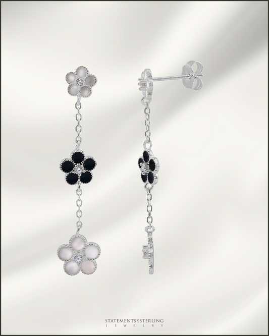 Sterling Silver Cubic Zirconia Floral Drop Earrings in Rhodium