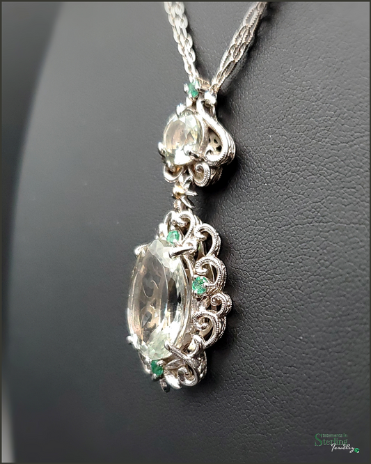 Prasiolite, Zambian Emerald and Sterling Silver Vintage Victorian Necklace