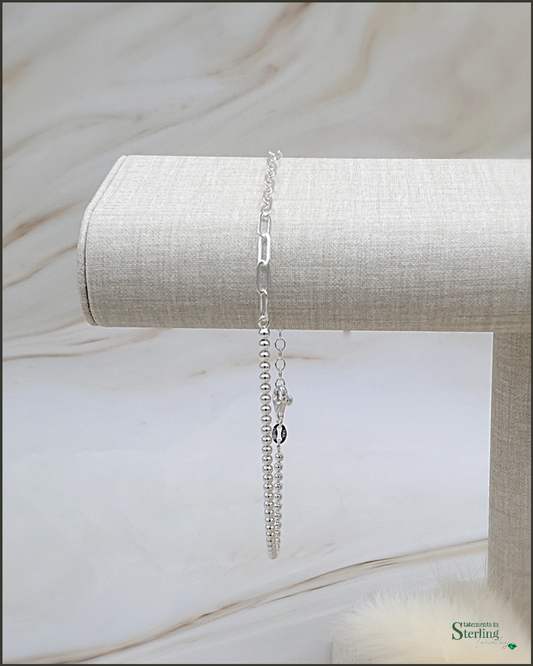 Sterling Silver Paperclip Link and Bead Anklet