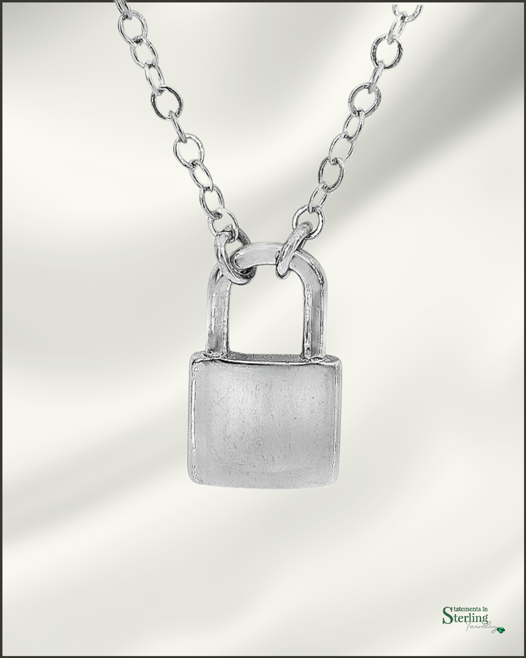 Sterling Silver Lock Necklace in Rhodium