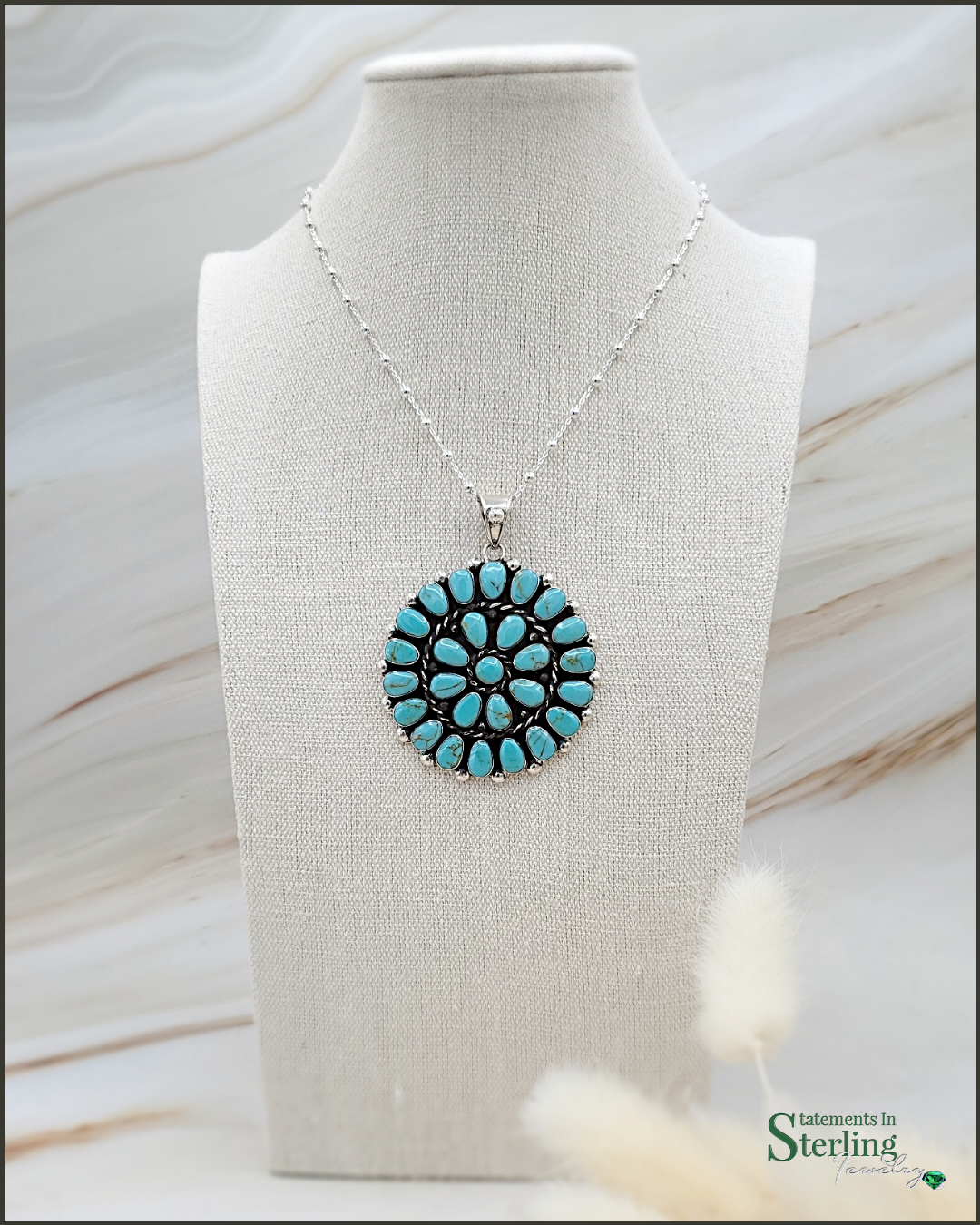 Turquoise and Sterling Silver Flower Cluster Pendant