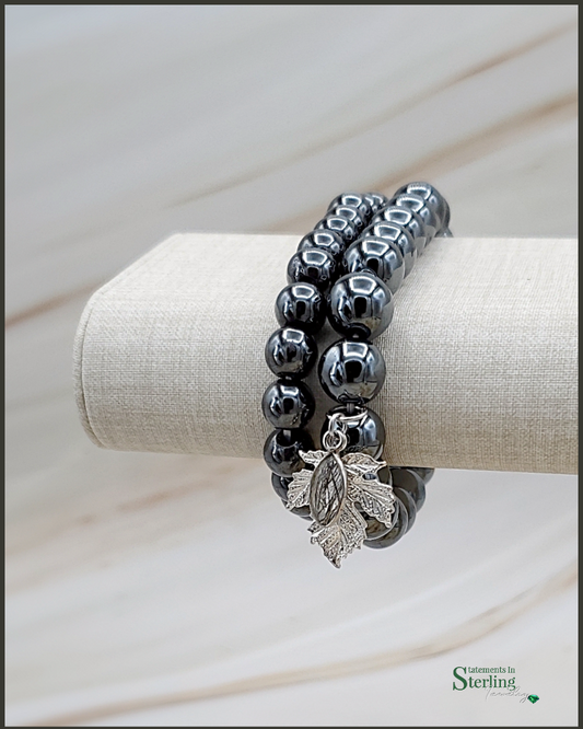 Gemstone and Sterling Silver Beaded Leaf Bracelet Set in Hematite