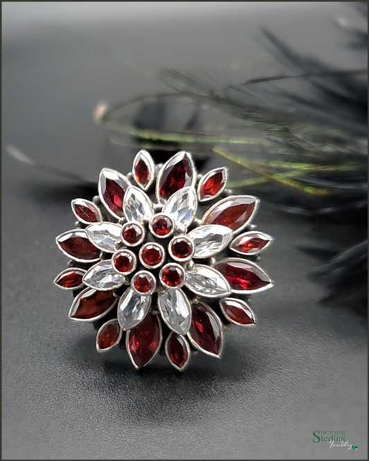 Garnet and White Topaz Sterling Silver Flower Ring