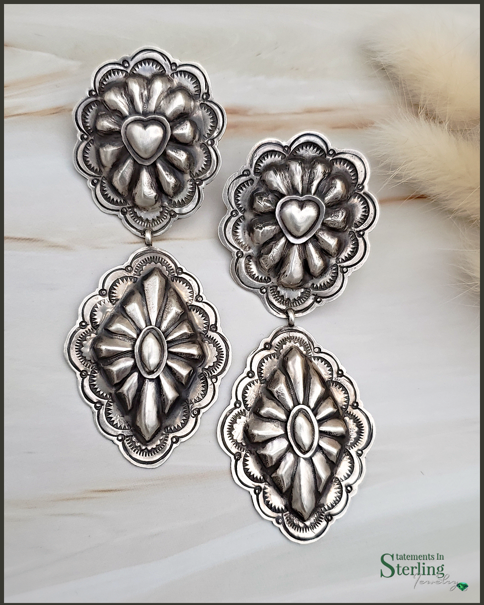 Navajo Hearts and Diamonds Sterling Silver Concho Earrings by Rita Lee