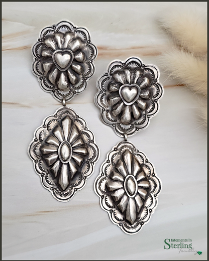 Navajo Hearts and Diamonds Sterling Silver Concho Earrings by Rita Lee