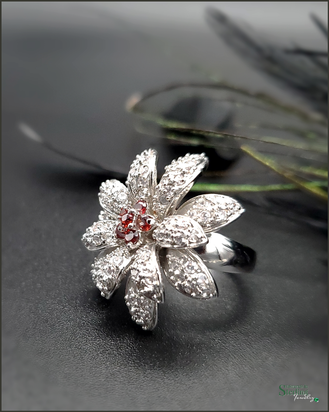 White Topaz, Garnet and Sterling Silver Flower Ring