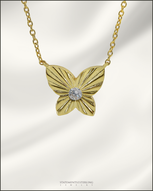 Sterling Silver Cubic Zirconia Butterfly Necklace in Gold