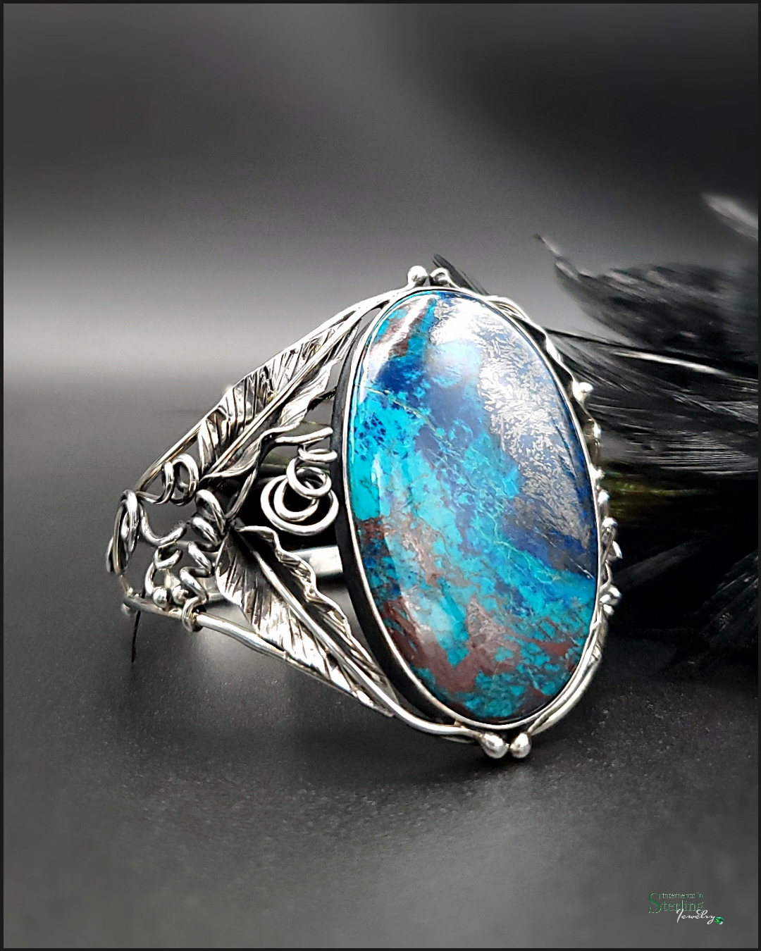 Parrot's Wing Chrysocolla and Sterling Silver Leaves Bangle Bracelet