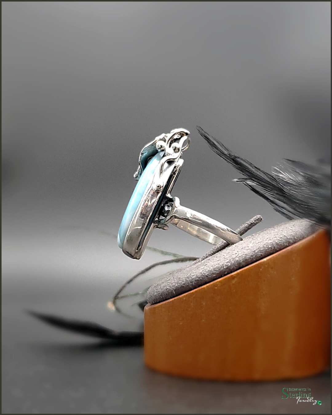 Caribbean Larimar and Sterling Silver Leaves Ring