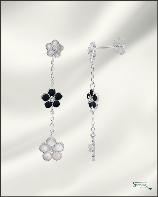 Sterling Silver Cubic Zirconia Floral Drop Earrings in Rhodium