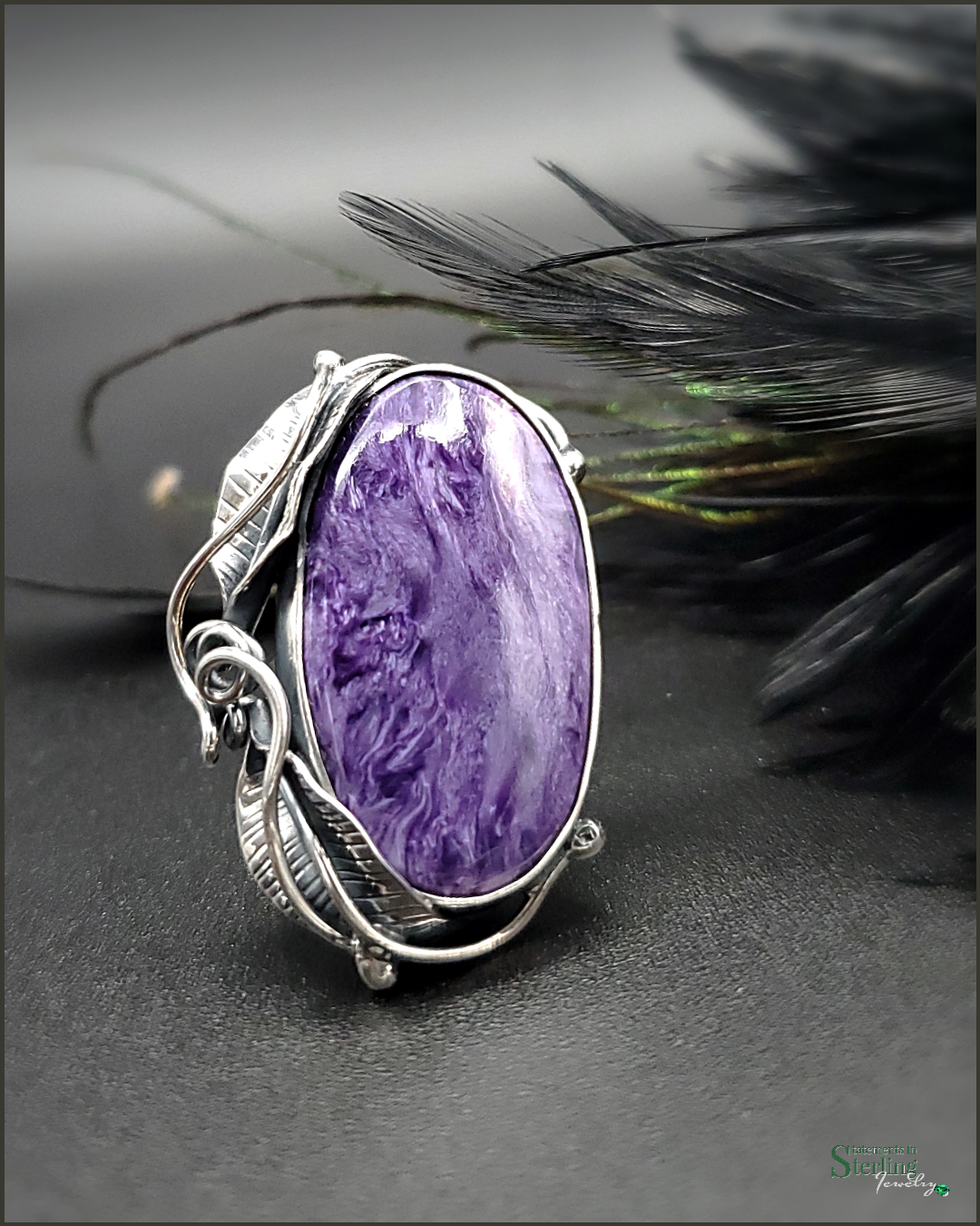 Siberian Charoite and Sterling Silver Leaves Adjustable Ring