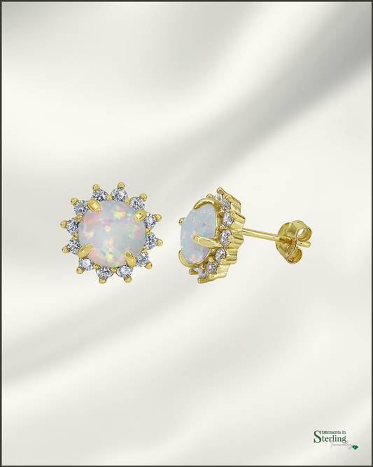 Sterling Silver Emulated Opal and Cubic Zirconia Earrings in Gold