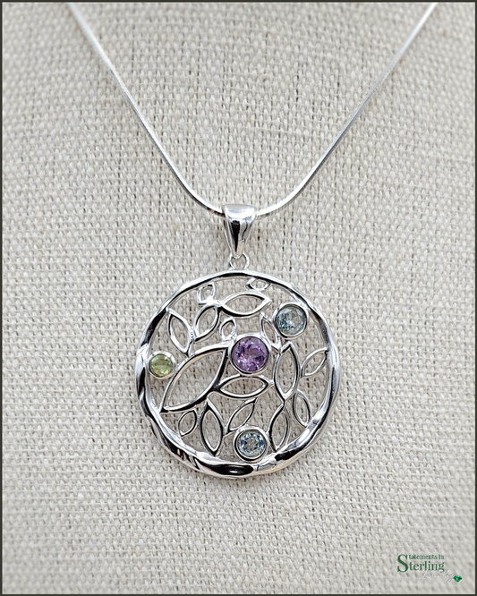 Multi Gemstone Sterling Silver Circle  Pendant