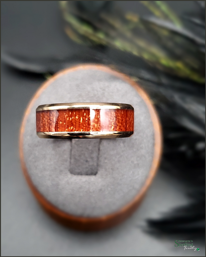 Bubinga Wood Inlay Ring Band in Stainless Steel and Rose Gold